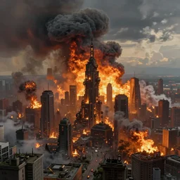 steampunk city skyline engulfed in flames, huge explosions everywhere, clouds of smoke, aerial view, cinematic wide shot, very detailed, realistic painting