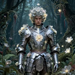 a male knight, stern face, clear eyes, shining armour made of steel and flowers, and fractal flowery hair in a fractal garden, glowing delicate flower, berries and ferns that grow in a dark fantasy forest, full frame,