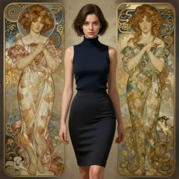 portrait of a full body of beautiful young female detective, d & d, sleeveless turtleneck, pencil skirt, fantasy, flat lighting, intricate, highly detailed, digital painting, artstation, concept art, smooth, sharp focus, illustration, misa amane, art by simon bisley and greg rutkowski and alphonse mucha, natural tpose