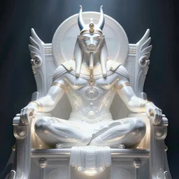 god aeon horus wearing glowing white, sitting pose, futuristic, ultra realistic, dramatic lighting, sitting on throne, highly detailed by peter mohrbacher, hajime sorayama, wayne barlowe, boris vallejo, aaron horkey, gaston bussiere, craig mullins, octane render, cycles render, vray, iridescent