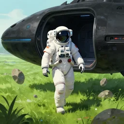 a beautiful illustration of an futuristic astronaut with a futuristic white cybernetic spacesuit walking out of a black futuristic spaceship, by greg rutkowski, digital artwork, artstation, cgartists, conceptartworld, deviantart, magic the gathering artstyle, floating magical rocks, lush green meadow