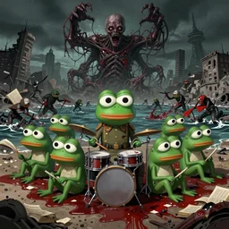 resolution 4k worlds of loss and depression made in abyss design Akihito Tsukushi design body pepe the frog multiple figures war , battlefield darkness military drummer boy pepe , desolated city group of them a bloody conflict body horror curse of the abyss sitting by an ocean of blood the group of pepes sitting at the shore ivory dream like storybooks, fractals , pepe the frogs at war, art in the style of and Oleg Vdovenko and Akihito Tsukushi ,Stefan Koidl