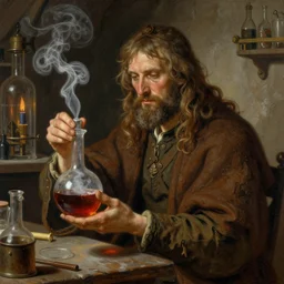 detailed illustration portrait of a alchemist holding brewing and smoking potion, medieval lab setting, d & d rpg portrait, art by tim hildebrandt and frank frazetta and gerald brom
