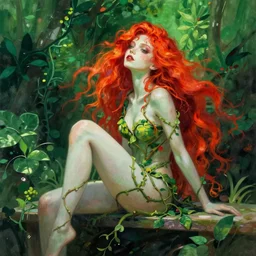 full body portrait of a beautiful woman with fire red flowing hair, her pale body loosely clothed in vines, sitting on a bench, leaning backwards, dense foliage in the background, by Jeremy Mann, vivid colors, green hue, stylized, detailed, loose brush strokes