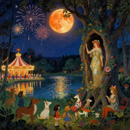 a night carnival around a magical tree cavity, with a surreal orange moonlight and fireworks in the background, next to a big lake with iridiscent water, christmas lights, folklore animals and people disguised as fantastic creatures in a magical forest by summer night, masterpiece painted by alphonse mucha and mark brooks, art nouveau, dark night environment