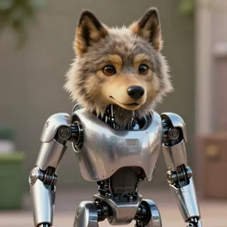 film still from the movie chappie of the robot chappie shiny metal outdoor scene furry anthro anthropomorphic stylized wolf dog canine ears head android service droid robot machine fursona