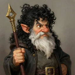 a gnome wizard with curly black hair, dungeons and dragons character art, greg rutkowski, rembrandt