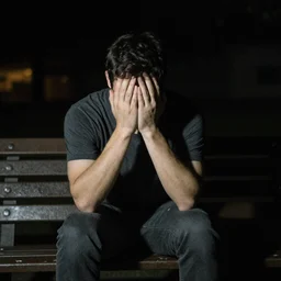 A lonely man sits on a bench at night with his hands on his face, spotlighting, depth of field, 35mm lens, potra 400, depressing