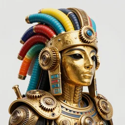 awardwinning photo of a steampunk ancient astronaut, wearing a bright golden metallic aztec helmet with multicolored tubes and shiny metallic gears, 3 d render, crisp, 8 k, fluorescent colors, nikon photography