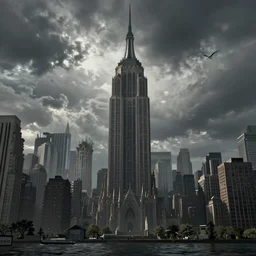 New York City skyline by HR Giger, gothic, atmospheric, rendered by cryengine