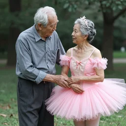 an old grandpa grandma wearing a pink tutu