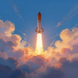 a distant view of a space rocket taking off. The exhaust is rainbow clouds. Beautiful fantasy art digital painting trending on artstation