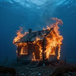 photo of a burning house underwater, cinematic