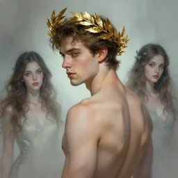 a masculine elegant man from sideview with large shoulders and wearing golden laurel wreath, ethereal horror fantasy art by greg rutkowski and magali villanueve and monet con
