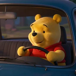 winnie the pooh driving home in his car. photo. highly detailed. dramatic lighting. cinematic.