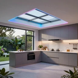 modern kitchen with rgb led strip lighting roof lantern, homes and gardens, super detailed render, award winning,
