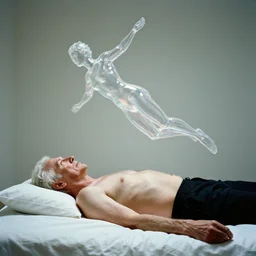 a 7 0 year old white haired man lays on a bed, a transparent iridescent figure levitates above him, by vanessa beecroft, canon eos c 3 0 0, ƒ 1. 8, 3 5 mm, 8 k, medium - format print