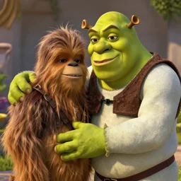 zoomed out still from the movie shrek with chewbacca hugging shrek, highly detailed, extremely high quality, hd, 4 k, 8 k, canon 3 0 0 mm, professional photographer, 4 0 mp, lifelike, top - rated, award winning, realistic, detailed lighting, detailed shadows, sharp, no blur, edited, corrected, trending