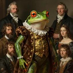 frog gentleman in a costume portrait by Lajos Berán, Albert Bierstadt, Robert Henderson Blyth, Claude Bonin-Pissarro, Sandro Botticelli, unreal Engine Fantasy Illustration. award winning, Artstation, Hyperdetailed, 8k resolution
