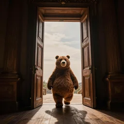 dark photograph of a cartoon bear mascot walking through a massive wooden doorway