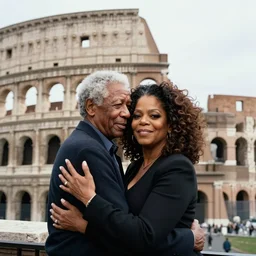 photo of morgan freeman and oprah winfrey hugging on the background of the colesseum in rome, 5 0 mm, beautiful photo