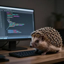 A hedgehog coding at a computer