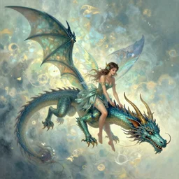 “sensual fairy over a dragon that can fly, artwork”