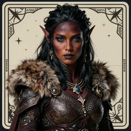portrait of a alluring blood elf in pelt armor, furaccessories, dark hair, dark skin, blue eyes, fantasy, sharp focus, award - winning, masterpiece, highly detailed, intricate, by seb mckinnon, rossdraws, tarot card border