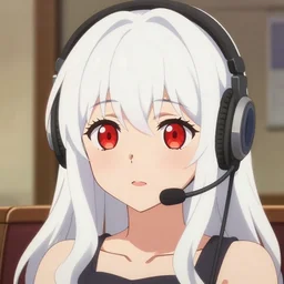 high quality anime visual of a cute girl, with red eyes and long white hair wearing a headset in her room interior, art by makoto shinkai, crunchyroll, pixiv, danbooru, hd, detailed anime face, cel shaded, smoothed lip line, digital art, ambient lighting