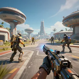 futuristic pubg meets gears of war game first person perspective. screenshot cinematic, future technology, future miramar, unreal engine 5, colorful, contrast, depth of field, 3 d scene, render, greg rutkowski, zabrocki, karlkka, jayison devadas, trending on artstation, 8 k, ultra wide angle, zenith view, pincushion lens effect