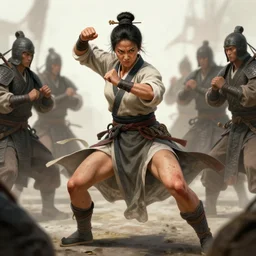 a female drunken master monk fighting off a group of soldiers by wlop, wuxia, xianxia, drunken boxing, drunken fist, drunken master, weathered olive skin, athletic, playful, fully clothed, monk's robe, detailed, realistic, anatomically accurate, fantasy illustration, artstation, wlop.
