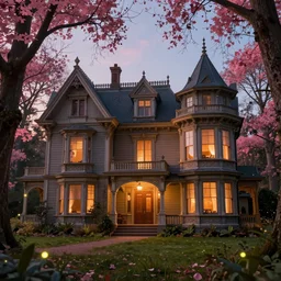a stunnng victorian house in ancient forest at dusk, ultra detailed, warm interior light, pink leaves tree, cinematic shot, photorealistic, octane render, high definition, fine details, fairy mood, fireflies, 8 k