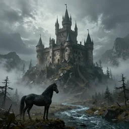 horror castle with black horse and deep river on a top of mountain, mist, fog, unreal engine, render,