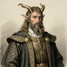 A handsome King of the Fae with horns and beard wearing an exquisite suit, color illustration by Arthur Rackham