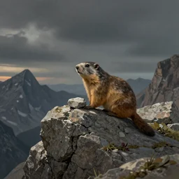 A marmot protecting a stone on top of the Rocky Mountains, dreamscape, dramatic lighting, fantasy art illustration, trending on artstation, Aetherpunk
