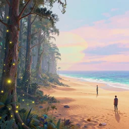 highly detailed holographic iridescent sci fi world with forests, fireflies, deserts, oceans, at dusk, by gilbert williams, by simon stalenhag, by beeple, by bruce pennington, by moebius, juxtapoz, dynamic composition, octane render, with many different pastel shades of blue pink orange yellow green, beautiful lighting, prismatic