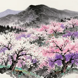 japanese ink painting of a blooming cherry blossom forest with mountains in the background, white, pink, purple, black, highly detailed, vivid colors, cinematic lighting, 8 k, trending on artstation