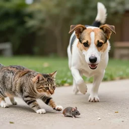 A dog scaring a cat scaring a mouse.