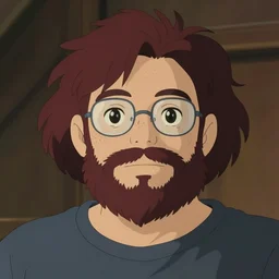 dark auburn wavy hair heavy set american man with freckles, beard, rimless glasses, studio ghibli painterly style, portrait symetrical