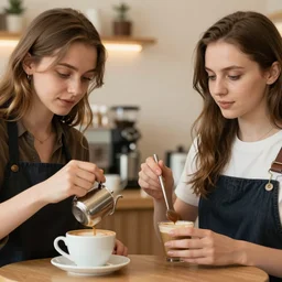 professional photo two women creating a coffee in a shop with very detailed stunning deep eyes, Ukraine. professional photo