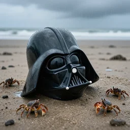darth vader mask laying on an abandoned beach, crabs crawling around, raining, somber