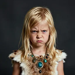 portrait of a blonde swedish wicca, 2 0 yo wearing a deer skin and jewelery, angry look, dark background, studio light, hdr, nikon 2 4 mm f / 1. 8 g, by sebastiao salgado