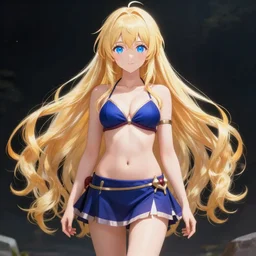 a very beautiful young anime girl with 2 0 meters long blond hair, full body, long wavy long blond hair, sky blue eyes, full round face, wizard bikini, miniskirt, front shot, highly detailed, cinematic wallpaper by stanley artgerm lau