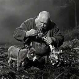 1 9 7 0 s movie still by tarkovsky of one giant obese old bald man in dirty medieval clothes eating a leg of lamb with one tiny donkey in a swamp, mossy, by night, cinestill 8 0 0 t 3 5 mm b & w, heavy grain, high quality, noir, natural textures, photorealistic, ambient occlusion, hd, mud, fog, heavy