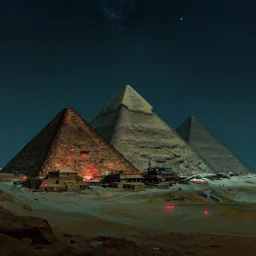 an establishing shot of the cyberpunk pyramids of giza, digital art, fantasy painting, at night time, ancient civilisation, construction, dark sky, dark blues, dark greens, red lights, clear sky, reflecting pool, milky way, muted colours, by paul lehr, jesper ejsing