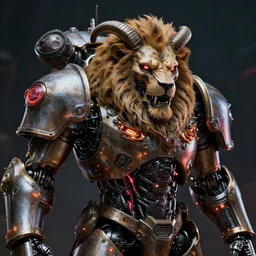 futuristic steampunk alien portrait, long horns, lion mech armor, warhammer 4 0 k, mechanical internals, exposed wire sparks, hyper realistic shiny textures, 8 k, skull, cyberpunk, intricate details, fluorescent glow, science fiction space horror, unreal engine, dark, heavy shading, depth of field