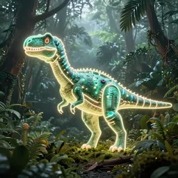 neon dinosaur in a foggy jungle by magali villeneuve
