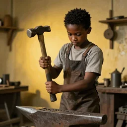 full shot photo of a blacksmith kid, holding big hammer, natural light, yellow backlight, high quality photo studio