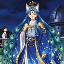 portrait from an anime of an ethereal colorful blue starry fox peacock character accented in gold, wearing star filled magic imbued mage robes, wearing lots of gold jewelry and gems, set in observatory at night, art by yuji ikehata, background art by miyazaki with assistance from haruko ichikawa, proper human proportions, fully clothed,