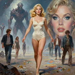 a mixed media painting of one very beautiful blonde woman fleeing from a distant colossus creature on an alien world, elegant, aesthetic!!! symmetrical face and eyes, sixties pinup, photorealistic, curvy, model, epic sci - fi character art, by frank frazetta, donato giancola, boris vallejo, beeple, greg rutkowski, christian macnevin, high fantasy